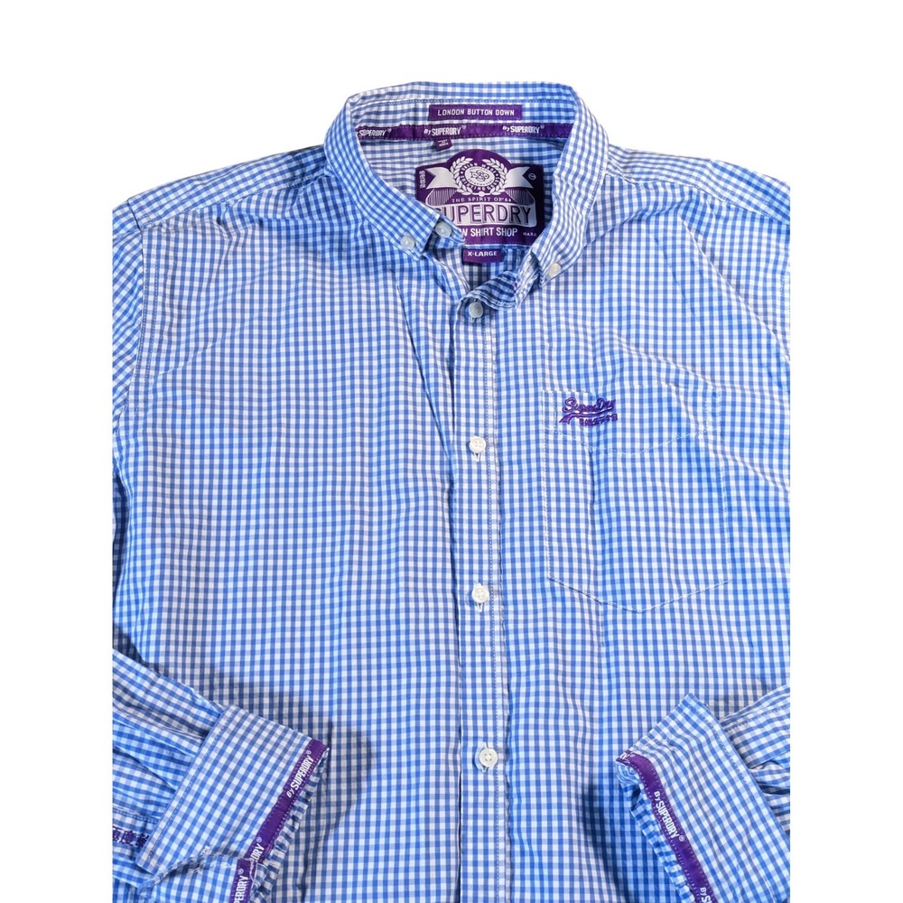 Superdry Men's XL Blue Cotton Gingham Long Sleeve Button‎ Down Shirt Flip Cuff